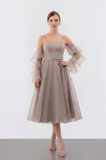 Volan Kollu İp Askılı Midi Elbise - 1993