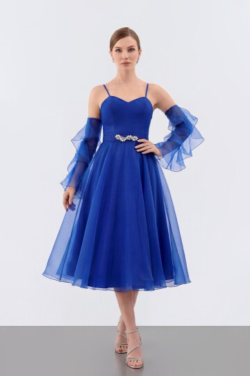 Volan Kollu İp Askılı Midi Elbise - 1993