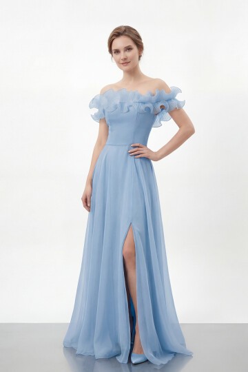 Volan Yakalı Yırtmaçlı Şifon Elbise - 2036