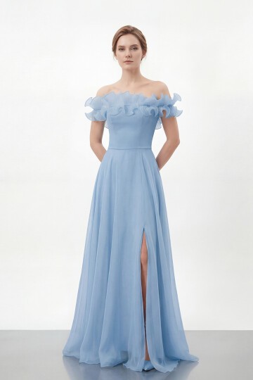 Volan Yakalı Yırtmaçlı Şifon Elbise - 2036