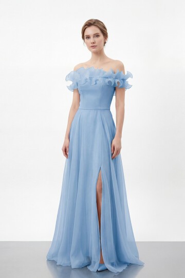 Volan Yakalı Yırtmaçlı Şifon Elbise - 2036