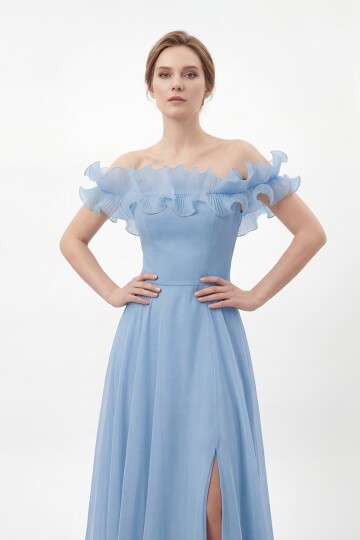 Volan Yakalı Yırtmaçlı Şifon Elbise - 2036