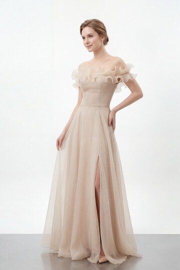 Volan Yakalı Yırtmaçlı Şifon Elbise - 2036