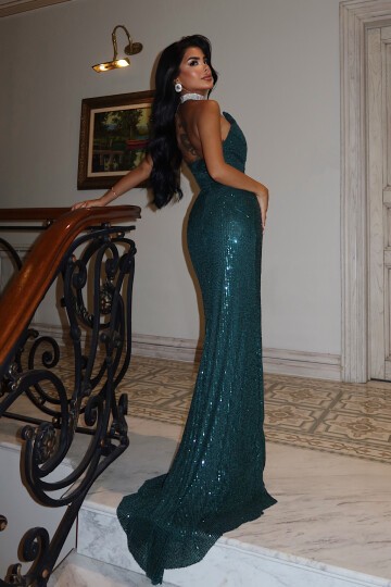 Yaka Detaylı Payetli Yırtmaçlı Elbise - 1542